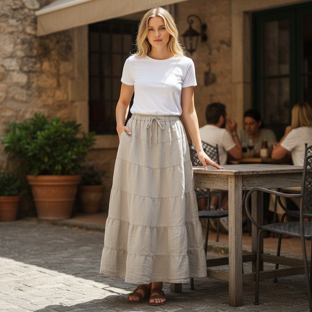 Wilfred Aritzia Linen Tiered Maxi Skirt Oatmeal Beige L 125503
